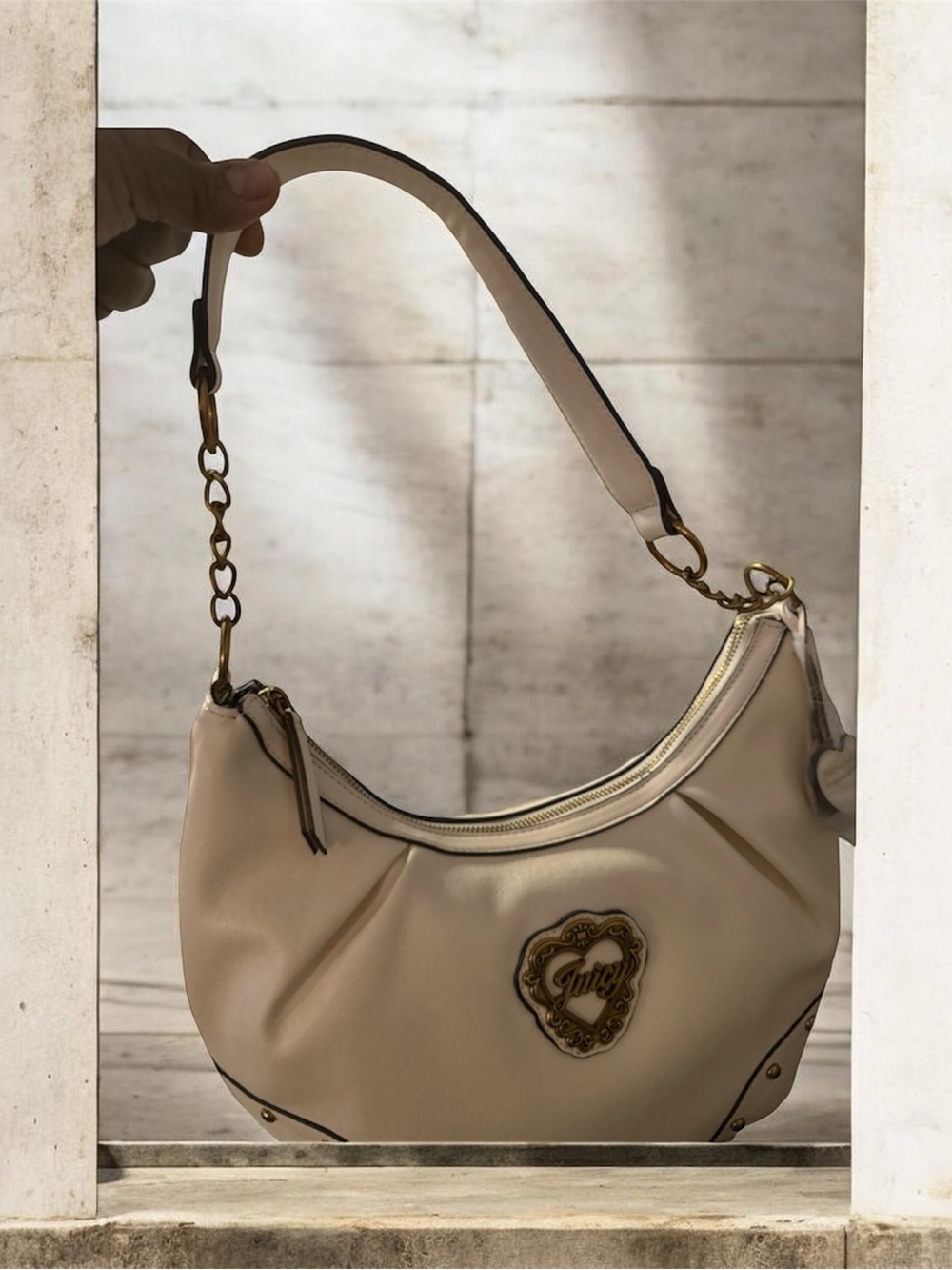 Juicy Couture Beige Shoulder Hobo Bag with Heart Medallion